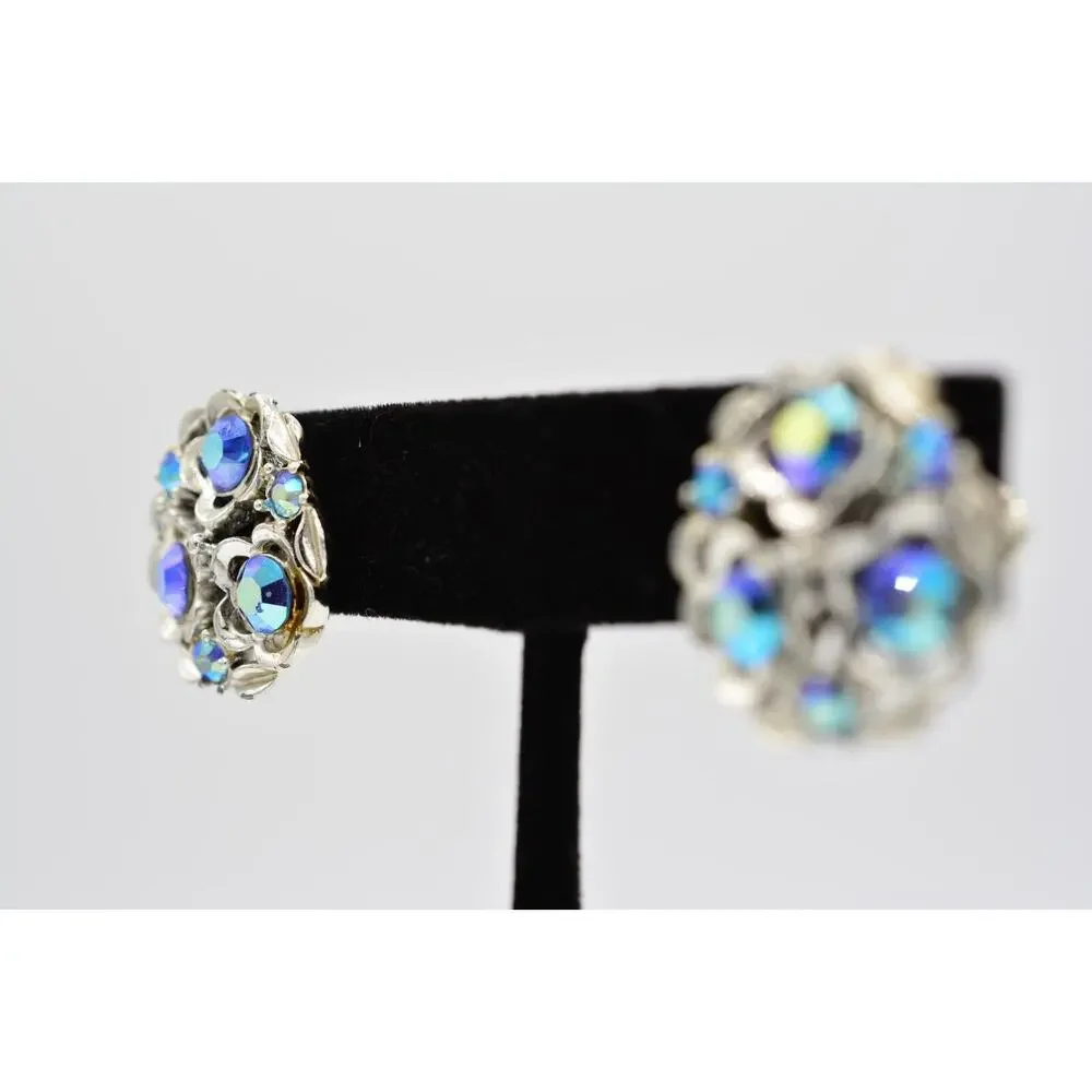 Star Vintage Screw Back Earring Blue AB Rhinestone Crystal Enamel Signed BinAB